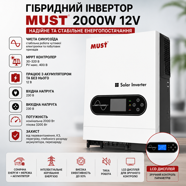 Комплект резервного живлення MUST PV18-2012ECO 2000W 12V + акумулятор LiFePO4 12.8V 100Ah з Wi-Fi модулем мониторинга MUST PLUG V2.0, гібридний інвертор із чистою синусоїдою для квартири та будинку, для безперебійного живлення - зображення 2