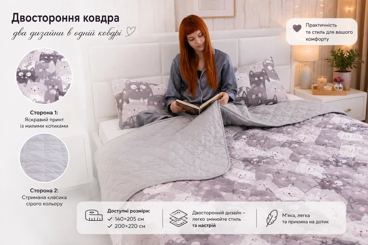 Ковдра Руно літня полуторна 140x205 см антиалергенне волокно Grey Cat (Р321.52СЛКУ_Grey Cat) - Фото 5 Ковдра Руно літня полуторна 140x205 см антиалергенне волокно Grey Cat (Р321.52СЛКУ_Grey Cat) - зображення 5