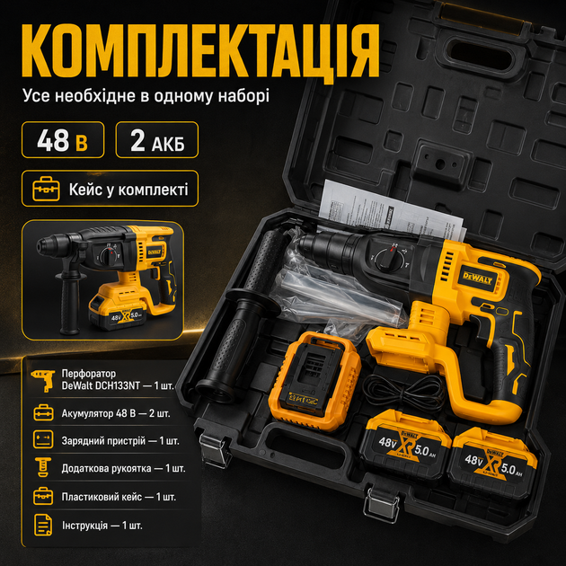 Перфоратор аккумуляторный SDS-Plus Электроперфоратор бесщеточный с двумя аккумуляторами 48 В 5 Ач с реверсом и кейсом для бетона - изображение 10