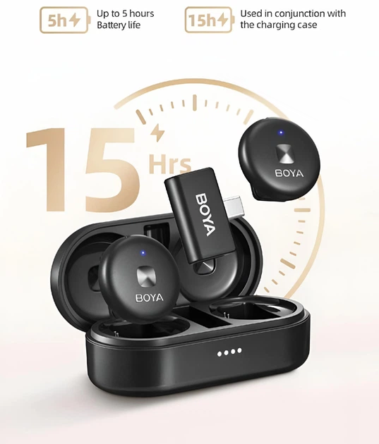 Петличный микрофон BOYA Omic U с зарядным кейсом и 2 адаптерами USB-C и Lightning, Черный (5257201) - Фото 3 Петличный микрофон BOYA Omic U с зарядным кейсом и 2 адаптерами USB-C и Lightning, Черный (5257201) - изображение 3