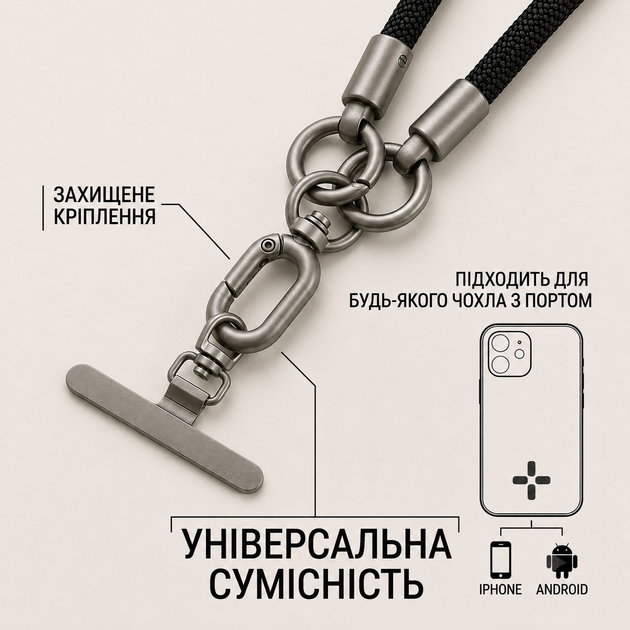Плетеный шнурок-ремень на руку для телефона с металлическим карабином и Т-образным адаптером, черный - Фото 6 Плетеный шнурок-ремень на руку для телефона с металлическим карабином и Т-образным адаптером, черный - изображение 6