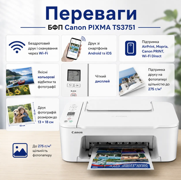 МФУ Canon PIXMA TS3751 з Wi-Fi, кольоровий струменевий пристрій 3 в 1 для друку, сканування та копіювання документів і фото, з підтримкою AirPrint - зображення 2