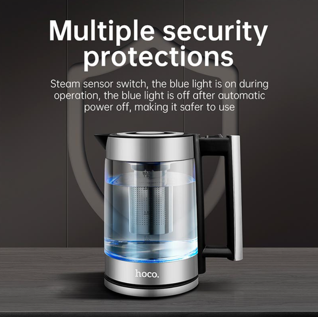 Электрочайник HOCO HA01A Kitchen high boron glass electric kettle, 1.8L, 2000W, silver - изображение 11