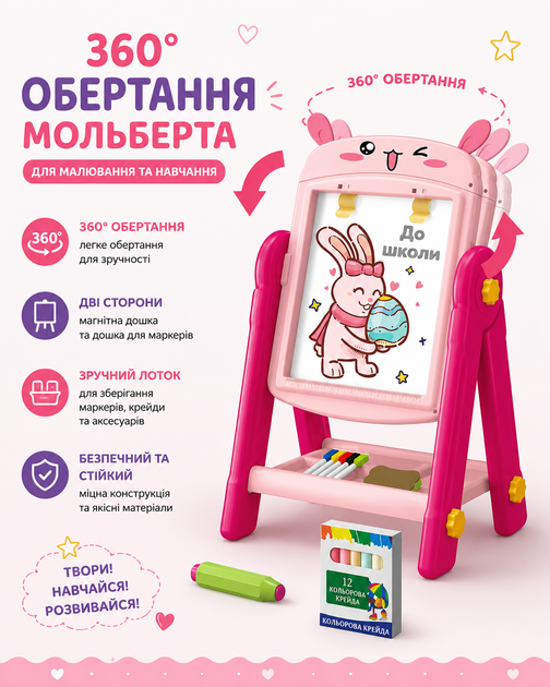 Мольберт двухсторонний Artist 050-67 вращение 360°, полка для принадлежностей, маркеры «пиши-стирай», мел, магнитный английский алфавит и цифры - изображение 2