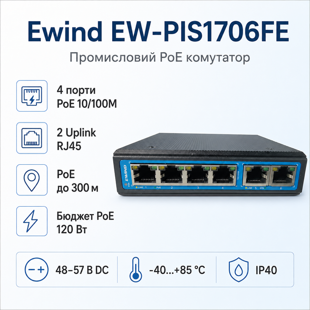 Коммутатор сетевой Ewind EW-PIS1706FE неуправляемый настольный 6-портовый 48–57 В DC - изображение 2