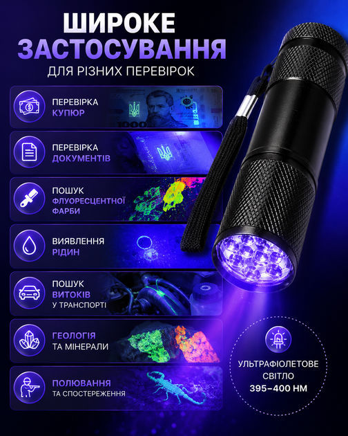 Мини УФ-фонарик 9 LED 395–400 нм ультрафиолетовый - Фото 2 Мини УФ-фонарик 9 LED 395–400 нм ультрафиолетовый - изображение 2