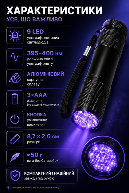Мини УФ-фонарик 9 LED 395–400 нм ультрафиолетовый - Фото 6 Мини УФ-фонарик 9 LED 395–400 нм ультрафиолетовый - изображение 6