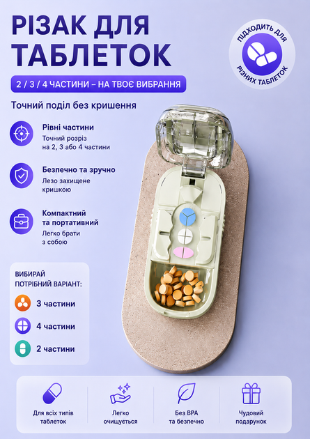 Резак для таблеток, органайзер для лекарств, контейнер для таблеток, устройство для деления таблеток на 2, 3 и 4 части, таблетница для дома и путешествий, светло-зелёный - изображение 3