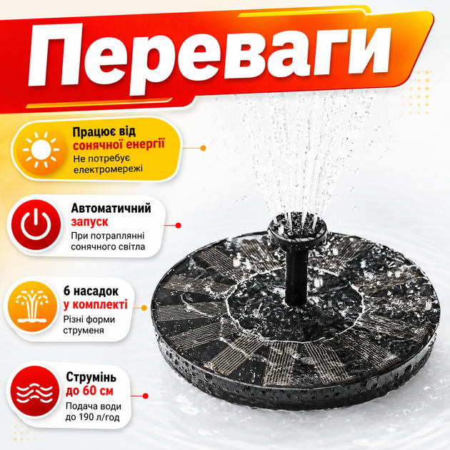 Декоративный фонтан для сада Solar Fountain с солнечной панелью 2,8 Вт, аккумулятором 1200 мА, 6 насадками и автоматическим запуском, плавающий фонтан для пруда, бассейна и декоративного водоема черный 16 см - изображение 2