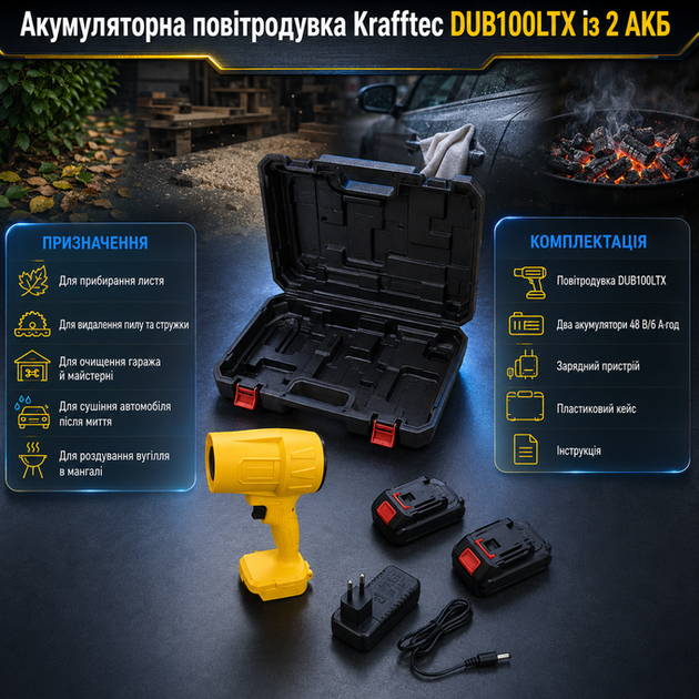 Аккумуляторная воздуходувка Krafftec PRO DUB100LTX 48 В 6 Аг без щеточная 850 Вт с двумя аккумуляторами для уборки листьев желтая - изображение 8