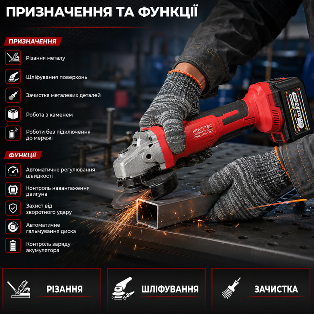 Аккумуляторная болгарка Krafftec GWX 48V-125C 48V 125 мм бесщеточная с двумя аккумуляторами 4 дисками и кейсом - Фото 5 Аккумуляторная болгарка Krafftec GWX 48V-125C 48V 125 мм бесщеточная с двумя аккумуляторами 4 дисками и кейсом - изображение 5