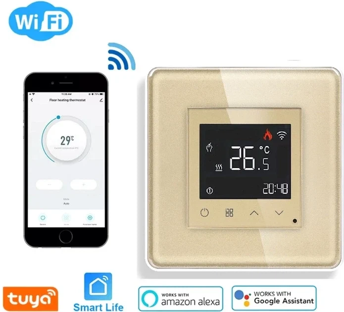Умний Wi-Fi терморегулятор ELIOS програмований для водяної підлоги золотий загартоване скло - Фото 2 Умний Wi-Fi терморегулятор ELIOS програмований для водяної підлоги золотий загартоване скло - зображення 2