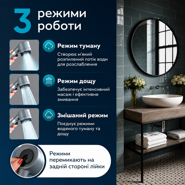 Насадка лійка для душу 3 режими + 1 фільтр / Масажна лійка душова / Душова лійка (16265) - Фото 3 Насадка лійка для душу 3 режими + 1 фільтр / Масажна лійка душова / Душова лійка (16265) - зображення 3