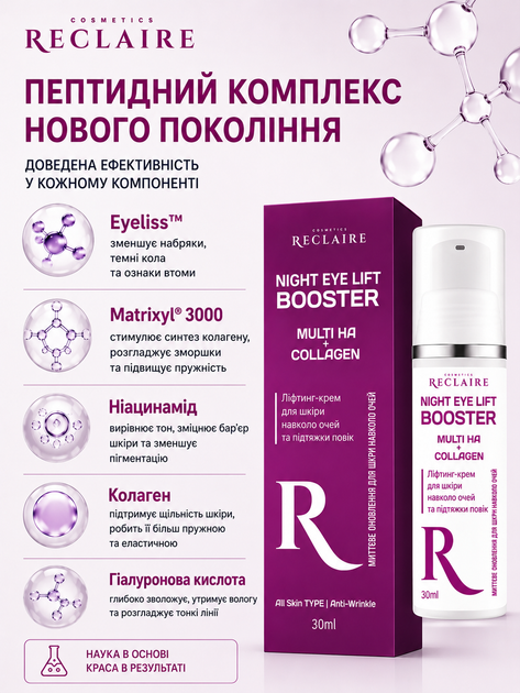 Лифтинг-крем для кожи вокруг глаз Reclaire Eye & Eyelid Lift Cream 30 мл от морщин, темных кругов, отеков и подтяжки век с пе - изображение 7
