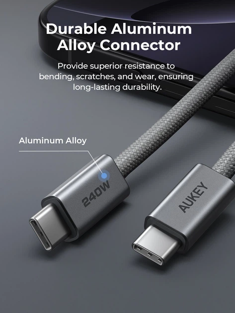 Кабель Aukey 240 W USB Type-C – USB Type-C 1.8 m Grey (CB-DCC242) - Фото 4 Кабель Aukey 240 W USB Type-C – USB Type-C 1.8 m Grey (CB-DCC242) - зображення 4