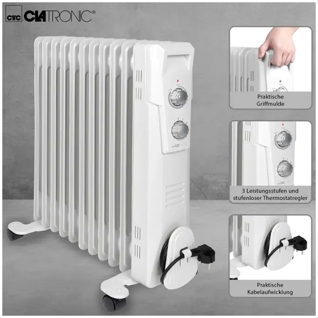 Масляный обогреватель 2300 Вт 11 секций для дома белый CLATRONIC HE0859 - изображение 2