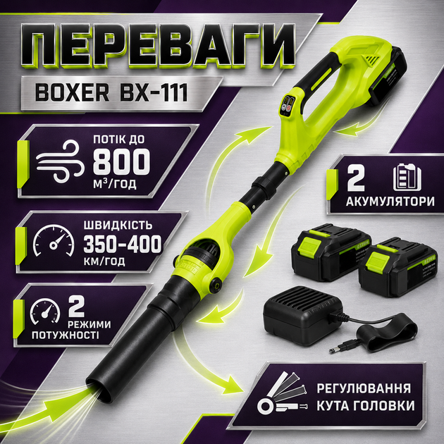 Аккумуляторная воздуходувка Boxer BX-111, 48 В, для уборки листьев, пыли и садового мусора - изображение 3