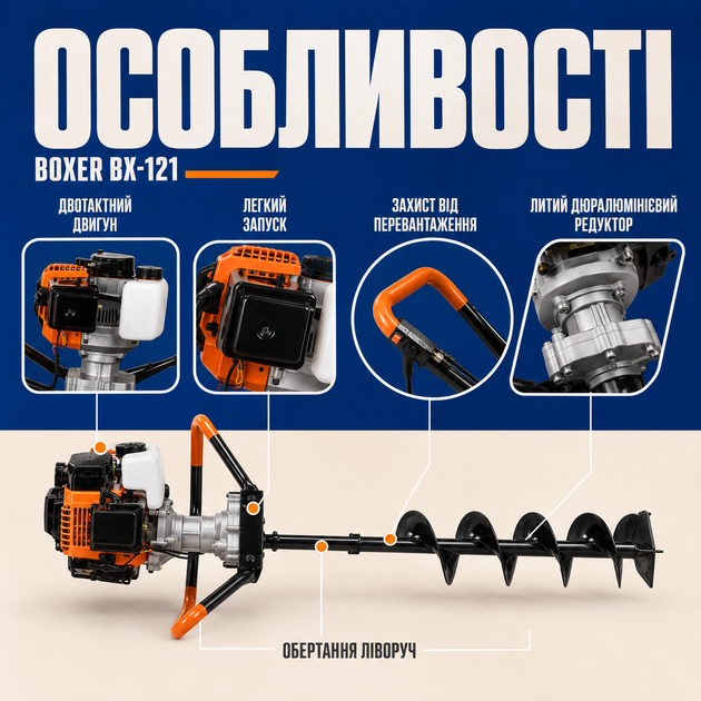 Бензиновый мотобур Boxer BX-121 для бурения отверстий под столбы, заборы, опоры и саженцы - изображение 3