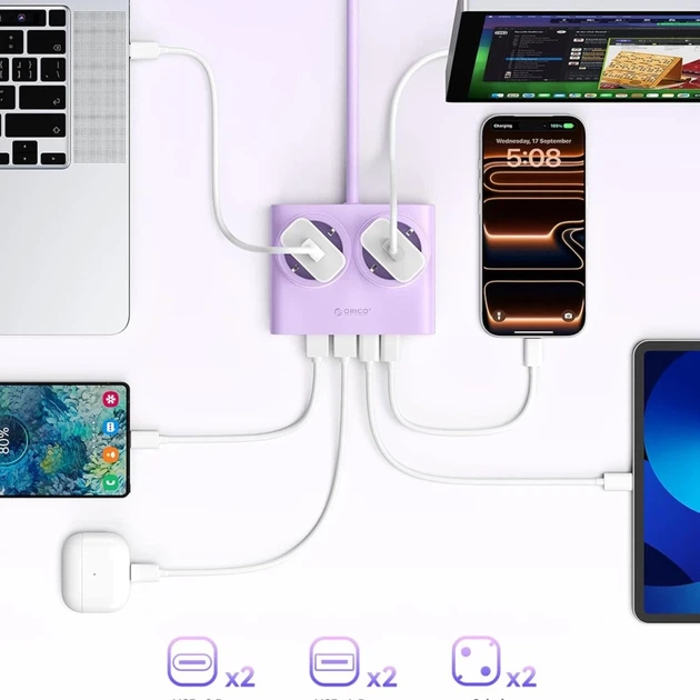 Блок живлення Orico PDC25 25W 6в1 2xAC + 2xUSB-A + 2xUSB-C Purple - зображення 7