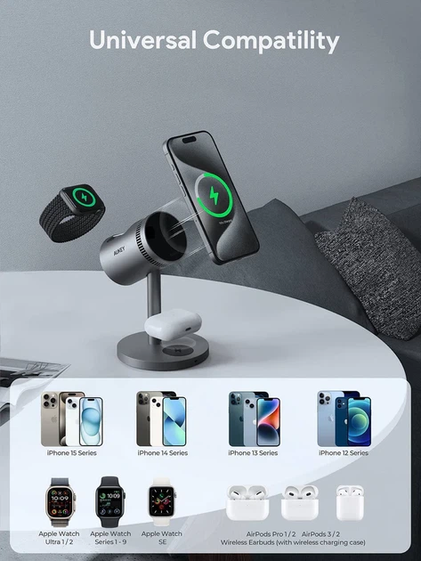 Bezprzewodowa ładowarka AUKEY MagFusion 3-in-1 15W Grey (LC-MC311A) - Zdjęcie 6 Bezprzewodowa ładowarka AUKEY MagFusion 3-in-1 15W Grey (LC-MC311A) - obraz 6