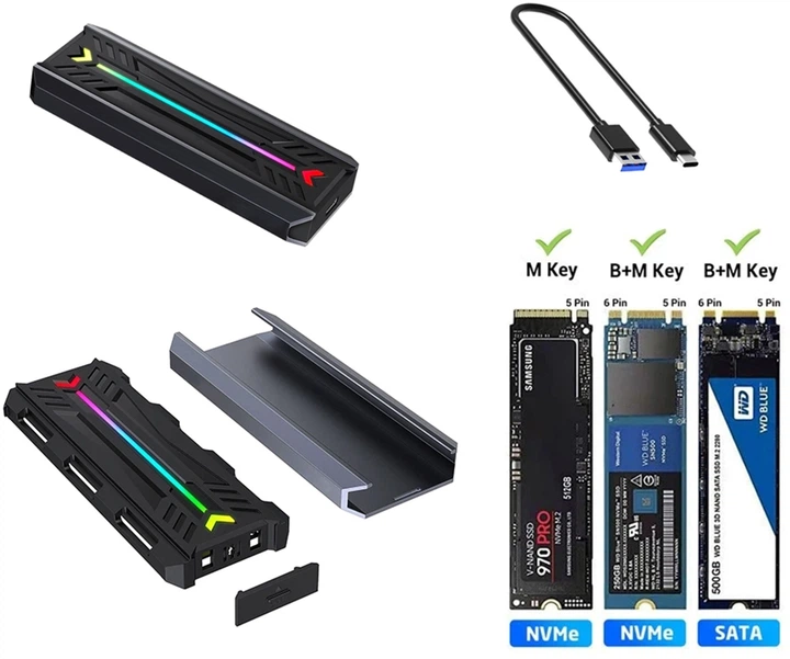 Зовнішня кишеня Dynamode для M.2 SSD NVMe (PCIe)/M.2 SSD SATA combo - USB3.2 GEN2 Type-C, RGB-підсвітка, металевий корпус (DM-CAD-SSD16) - зображення 6