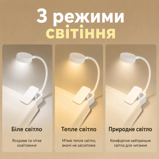 Аккумуляторная LED-лампа для чтения с клипсой, 3 режима света, USB Type-C, белая - изображение 4