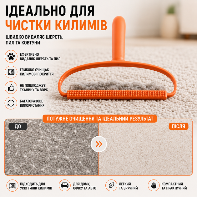 Двостороння універсальна щітка-скребок для видалення шерсті, ворсу з килимів, меблів та одягу - Фото 2 Двостороння універсальна щітка-скребок для видалення шерсті, ворсу з килимів, меблів та одягу - зображення 2