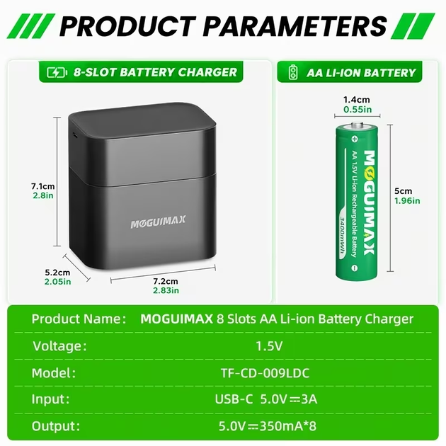 Комплект акумуляторів літієвих MOGUIMAX AA (R6) 1.5V 3400 mWh (8 шт.) із зарядною станцією-кейсом на 8 слотів Type-C - изображение 6