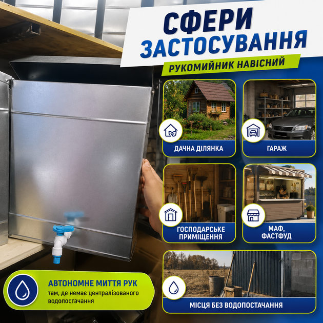 Умывальник дачный навесной 10 л из оцинкованного металлопрофиля 330×420×90 мм с пластиковым краном для регулировки подачи воды Рукомойник для личной гигиены - изображение 4