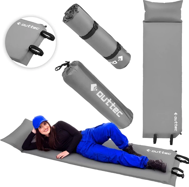 Килимок самонадувний Outtec Pillow 186 x 53 x 2,5 см з подушкою Сірий (5907766662846) - зображення 7