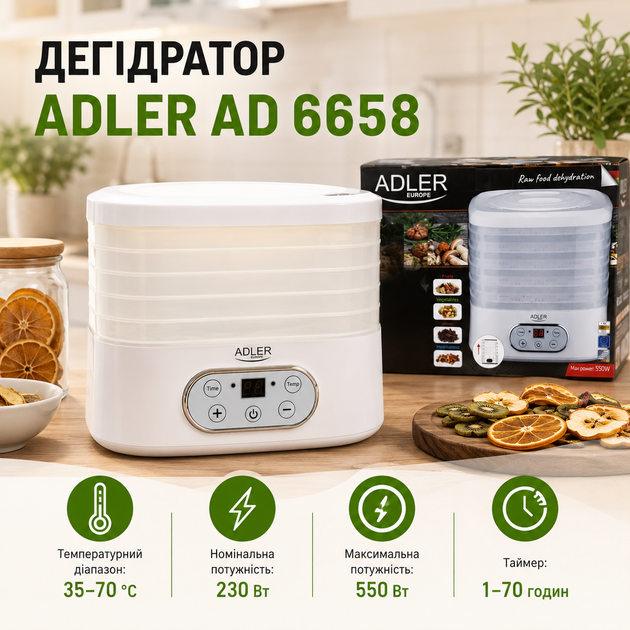 Дегідратор Adler AD 6658 для овочів, фруктів, грибів, трав, м’яса та риби, електрична сушарка з 5 піддонами, РК-дисплеєм, таймером до 70 годин, регулюванням температури, потужністю 550 Вт - Фото 3 Дегідратор Adler AD 6658 для овочів, фруктів, грибів, трав, м’яса та риби, електрична сушарка з 5 піддонами, РК-дисплеєм, таймером до 70 годин, регулюванням температури, потужністю 550 Вт - зображення 3