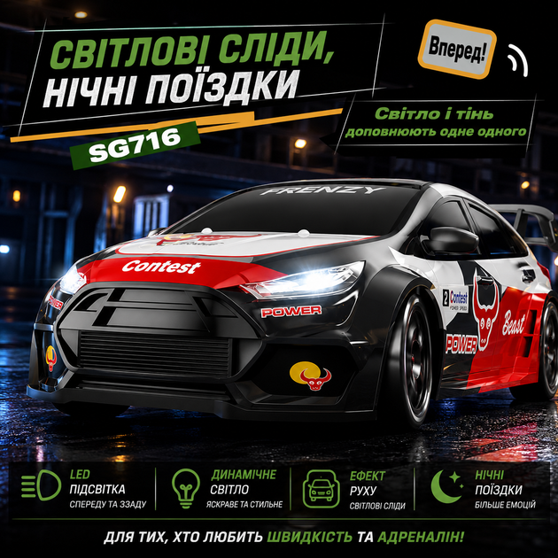 Машинка на радіокеруванні ZLL SG716 1:24 4WD, RC дрифт авто на пульті, спортивний автомобіль до 20 км/год, LED підсвітка - зображення 6