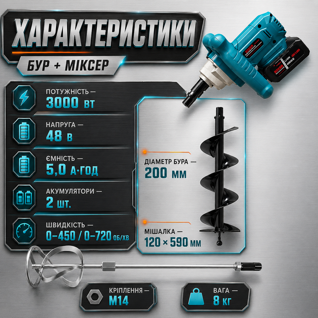 Аккумуляторный бур-миксер 2в1 для бурения грунта и смешивания строительных растворов - изображение 4