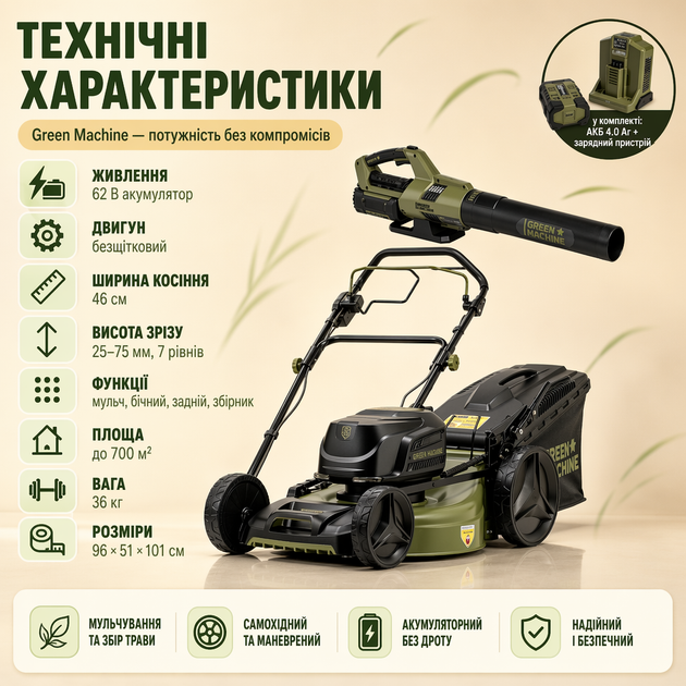 Аккумуляторная газонокосилка с приводом GMSM6200 46 см + Воздуходувка - изображение 2