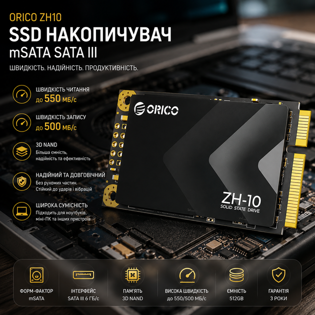 SSD накопитель ORICO 512GB mSATA SATA III 3D NAND Внутренний твердотельный диск для ноутбука и ПК ZH10 - изображение 2