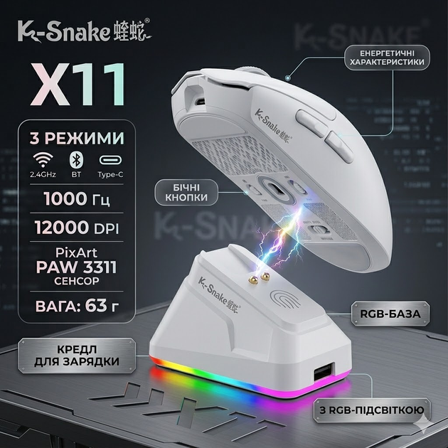 Беспроводная мышь K-SNAKE X11 White RGB Dock, PixArt PAW3311, 12000 DPI, 63 г, Bluetooth 5.2, 2.4GHz, USB-C, 1000 Гц - изображение 4