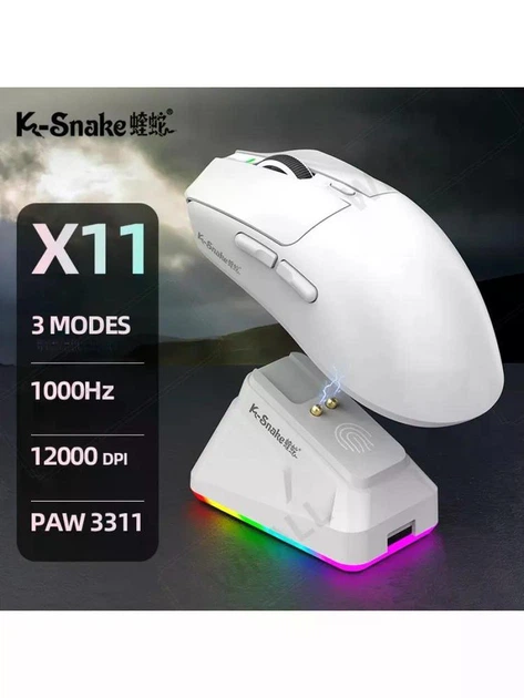 Беспроводная мышь K-SNAKE X11 White RGB Dock, PixArt PAW3311, 12000 DPI, 63 г, Bluetooth 5.2, 2.4GHz, USB-C, 1000 Гц - изображение 5