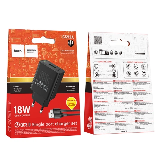 Зарядне мережеве Hoco CS92A 18W QC3.0 швидка зарядка для мобільних пристроїв + кабель Micro USB Чорний - изображение 2