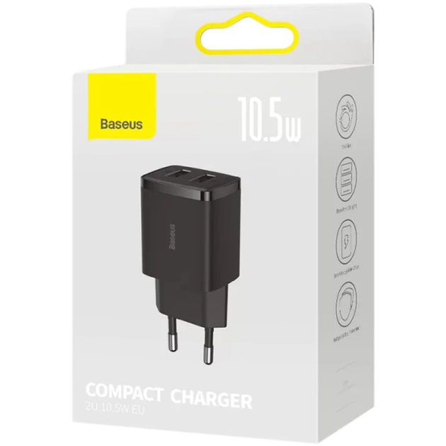 Сетевое зарядное устройство Baseus Compact Charger 2U 10.5W EU Black - Фото 2 Сетевое зарядное устройство Baseus Compact Charger 2U 10.5W EU Black - изображение 2