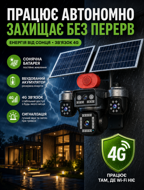 4G вулична поворотна IP відеокамера HI S9 з трьома об'єктивами та сигналізацією, 16 Мп, кольорове нічне бачення, автономне живлення від сонячних панелей - зображення 5