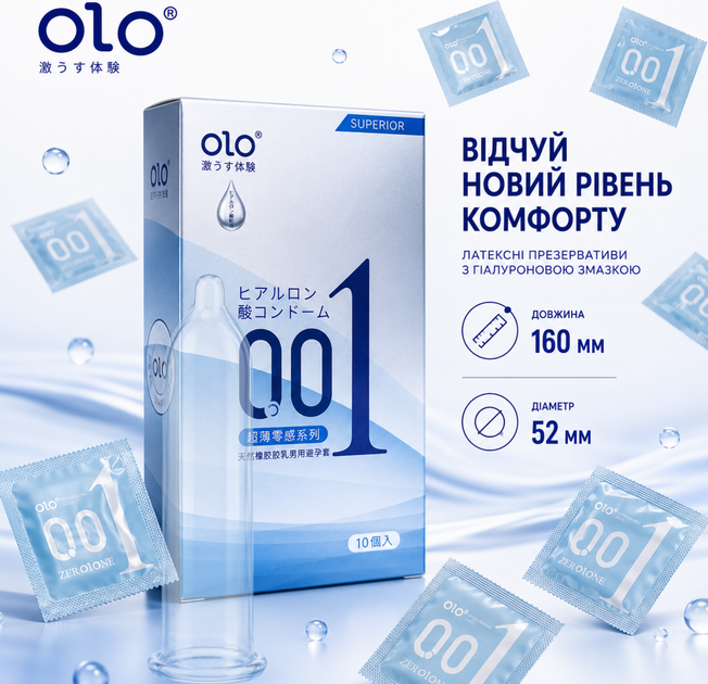 Презервативи OLO 001 Superior Ультратонкі з гіалуроновою змазкою 10 шт (ROZ6501053716) - Фото 3 Презервативи OLO 001 Superior Ультратонкі з гіалуроновою змазкою 10 шт (ROZ6501053716) - зображення 3