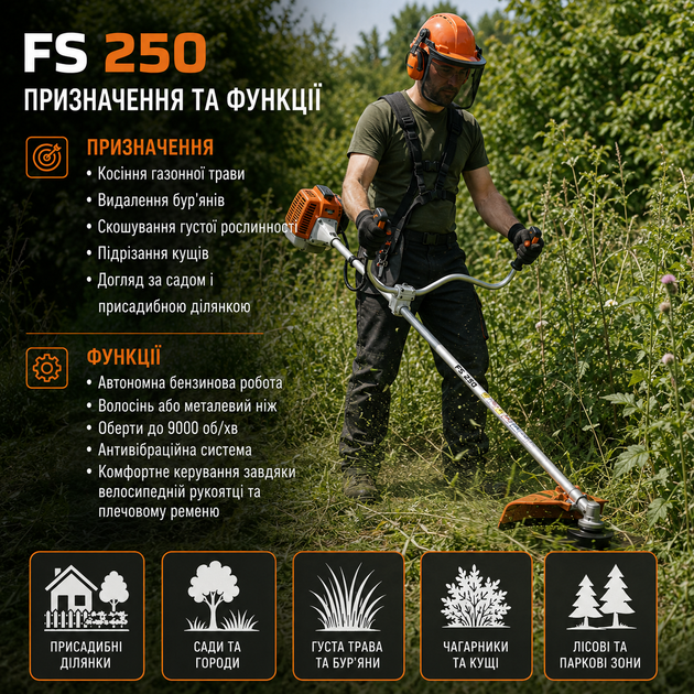 Бензокоса FS 250 52 см3 3.5 кВт бензиновая двухтактная с ножом и леской для кошения травы сорняков кустов и садовых работ - изображение 3