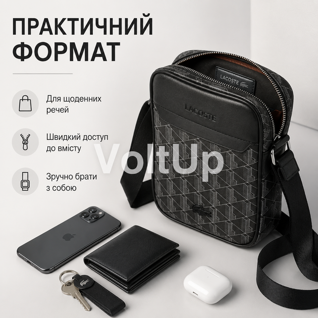 Черная мужская сумка Lacoste Monogram через плечо, прямоугольная кросс-боди для документов, ключей и телефона - изображение 5