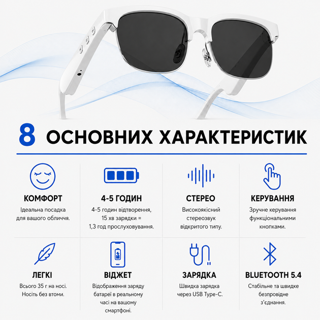 Умные беспроводные очки 2-в-1 ANKRIYUL со встроенными беспроводными наушниками и микрофоном для телефона, Type-C. Белые с черным - изображение 7