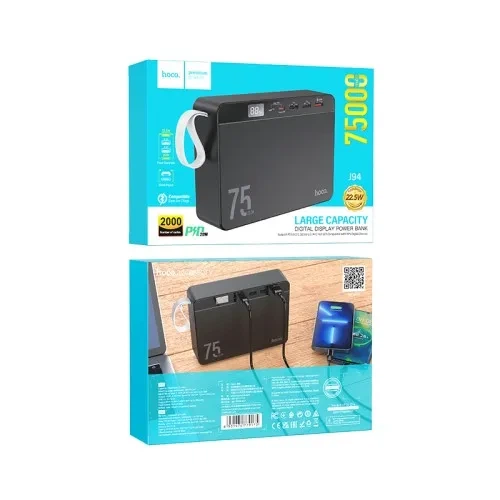 Павербанк Power Bank HOCO J94 Overlord 75000 mAh 22.5W PD20W Black портативный аккумулятор с LCD-дисплеем - Фото 2 Павербанк Power Bank HOCO J94 Overlord 75000 mAh 22.5W PD20W Black портативный аккумулятор с LCD-дисплеем - изображение 2