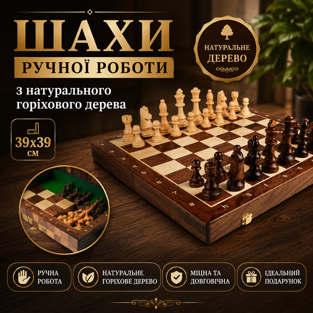 Шахи ручної роботи з натурального горіхового дерева 39х39см - зображення 2