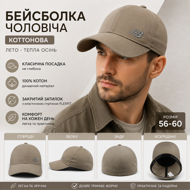 Бейсболка N.B. мужская бежевая хлопковая Flex Fit, закрытая, классическая посадка, лето, 56-60 - Фото 6 Бейсболка N.B. мужская бежевая хлопковая Flex Fit, закрытая, классическая посадка, лето, 56-60 - изображение 6