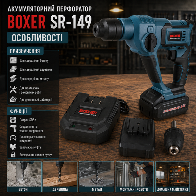 Перфоратор акумуляторний BOXER SR 146 20 4V SDS Plus із двома акумуляторами швидкозатискним патроном для бетону дерева металу у кейсі - зображення 2