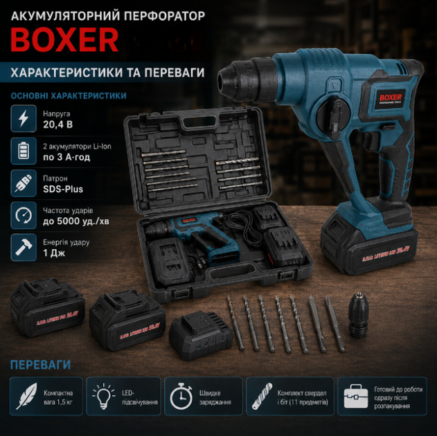 Акумуляторний перфоратор BOXER FT 004 SDS Plus 20 4V 3Ah із двома акумуляторами 5000 уд хв 1 Дж для бетону цегли та металу - зображення 2