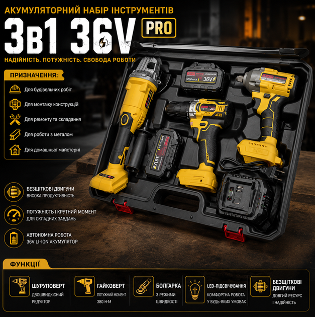 Акумуляторний набір інструментів Boxer BX 189 36V 4Ah гайковерт шуруповерт кутова шліфувальна машина з акумулятором та зарядним пристроєм - зображення 3